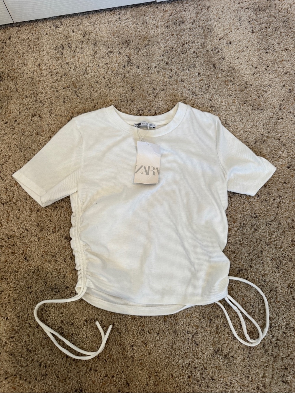 Zara White Short Sleeve Ribbed Top with Side Cinch